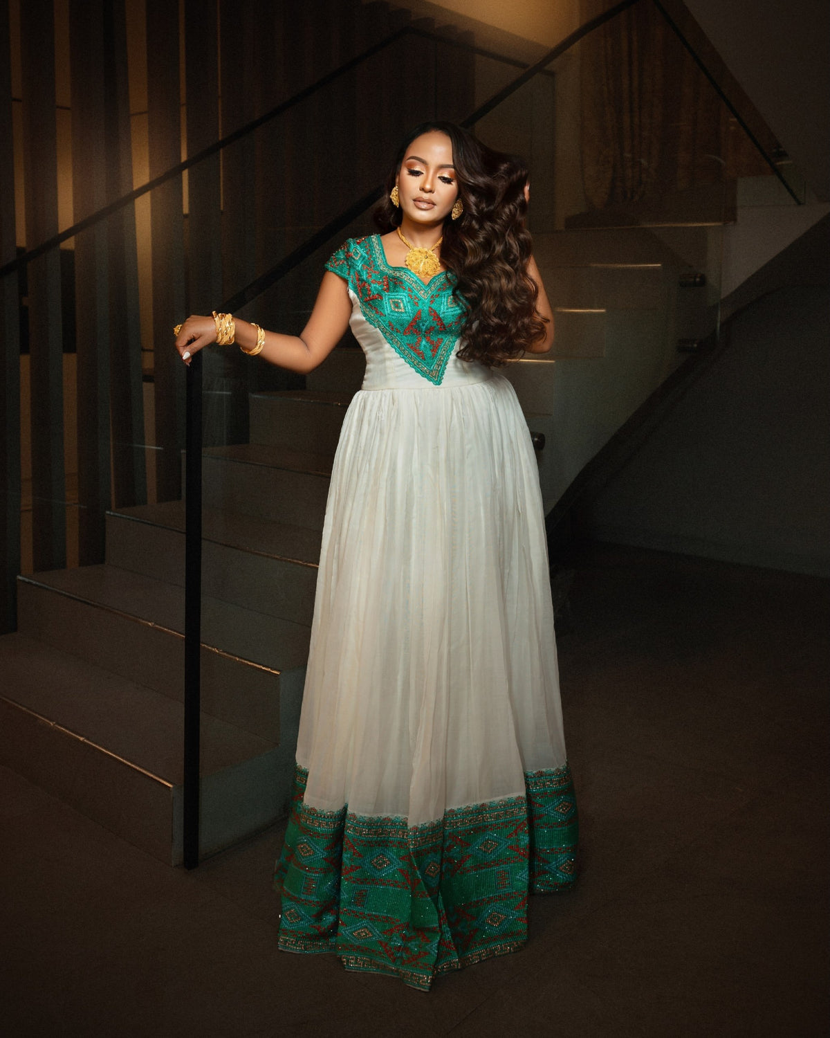 Teal & Terracotta Geometric Ethiopian Clothing V-Neck Cap Sleeve Habesha Dress For Event 1252