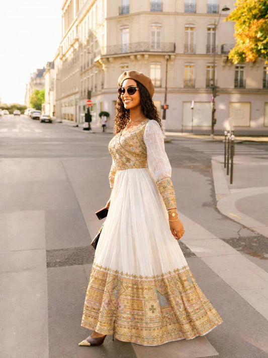 Order AI-Generated Habesha Kemis Online Golden Ochre & Pastel Ethiopian Traditional Dress