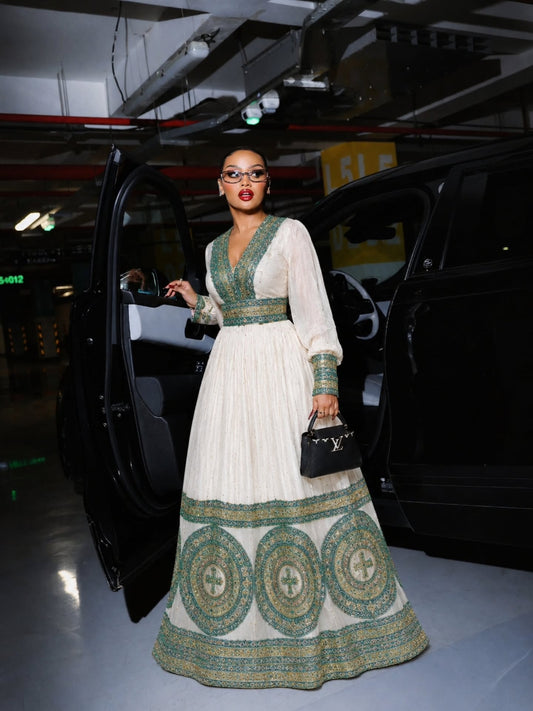 AI-Generated Long-Sleeve Jade-Green & Gold Medallion Habesha Kemis Regal Ethiopian Dress 1244