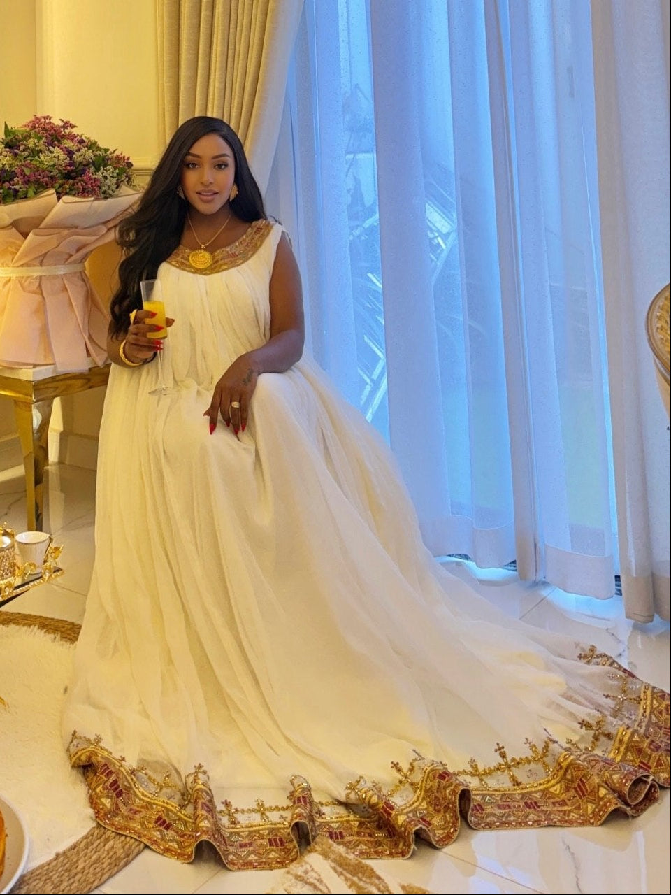 Imperial Gold & Burgundy Crown Border Gown Fine habesha cloth