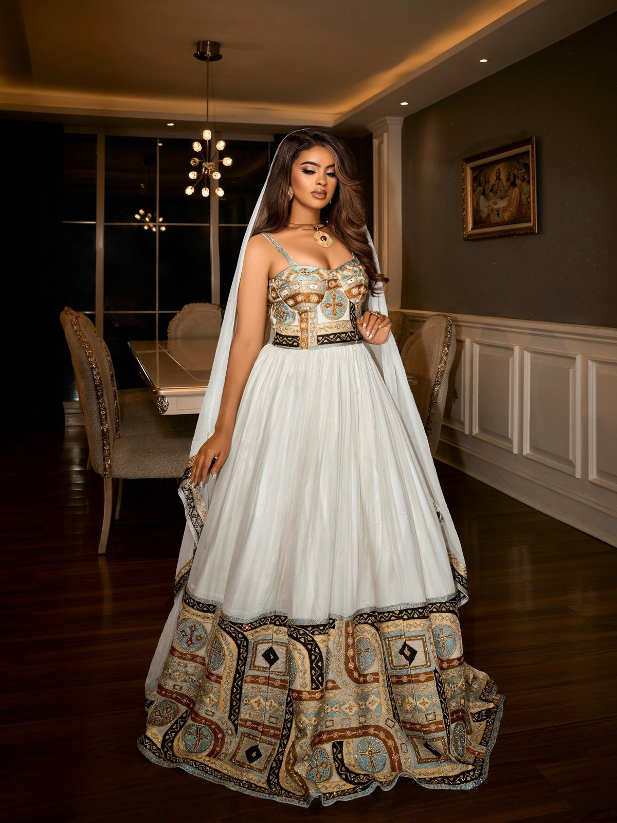 Sky Blue & Bronze Corset Style Spaghetti Strap Habesha Kemis Traditional Ethiopian Wedding dress 1256