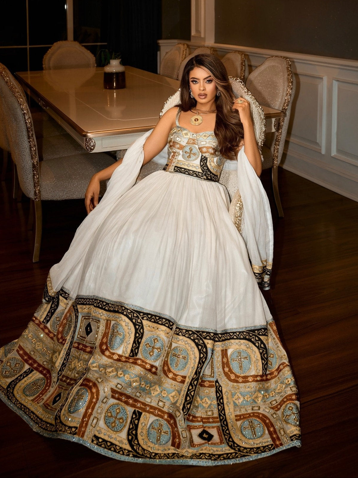Sky Blue & Bronze Corset Style Spaghetti Strap Habesha Kemis Traditional Ethiopian Wedding dress 1256