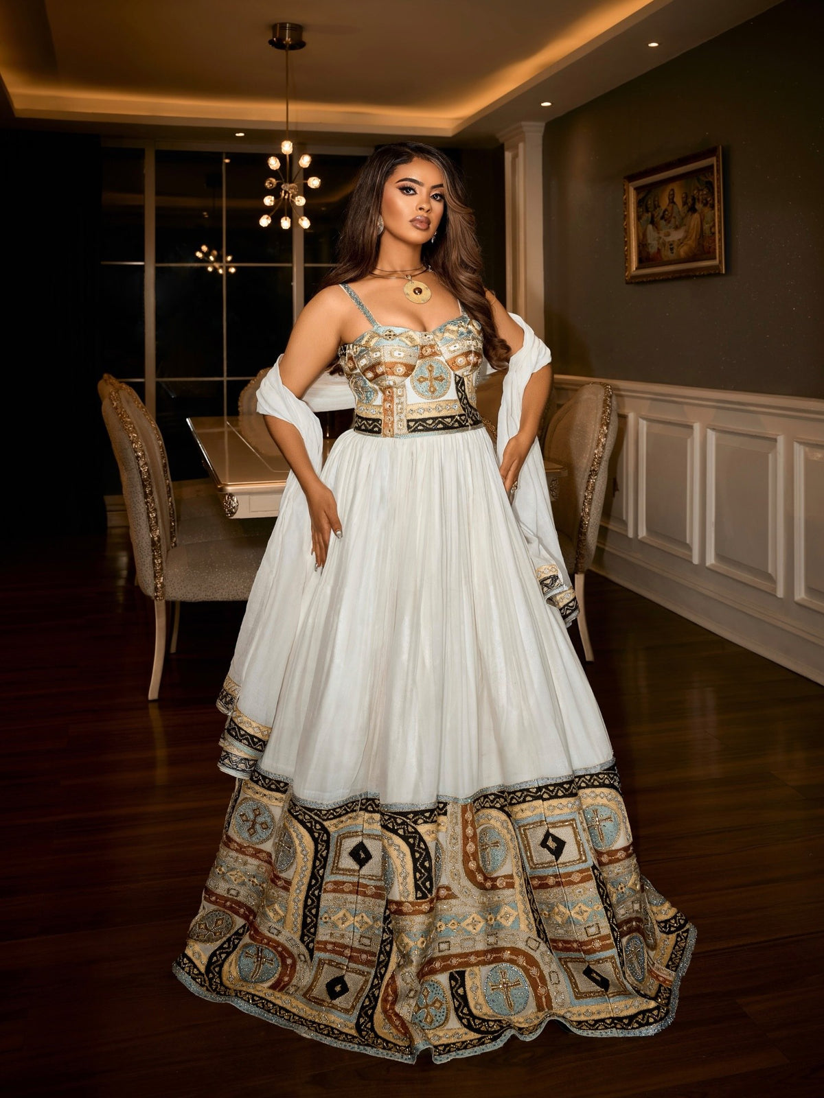 Ethiopian Wedding Dress With Sky Blue & Bronze Corset 