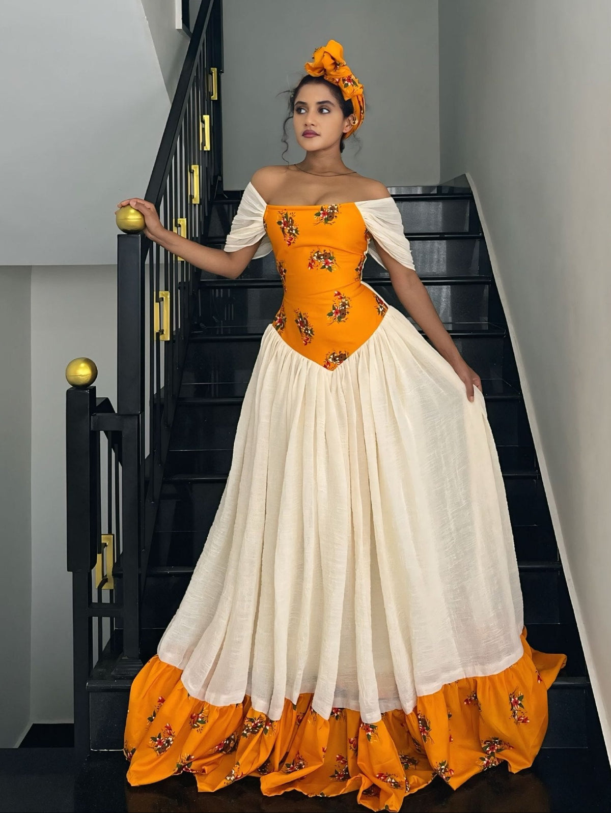 Bright Orange Floral Off-Shoulder Corset Gown Habesha Kemis And Ethiopian Dress For Holidays 1257