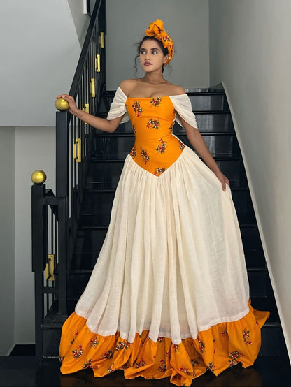 Bright Orange Floral Off-Shoulder Corset Gown Habesha Kemis And Ethiopian Dress For Holidays 1257