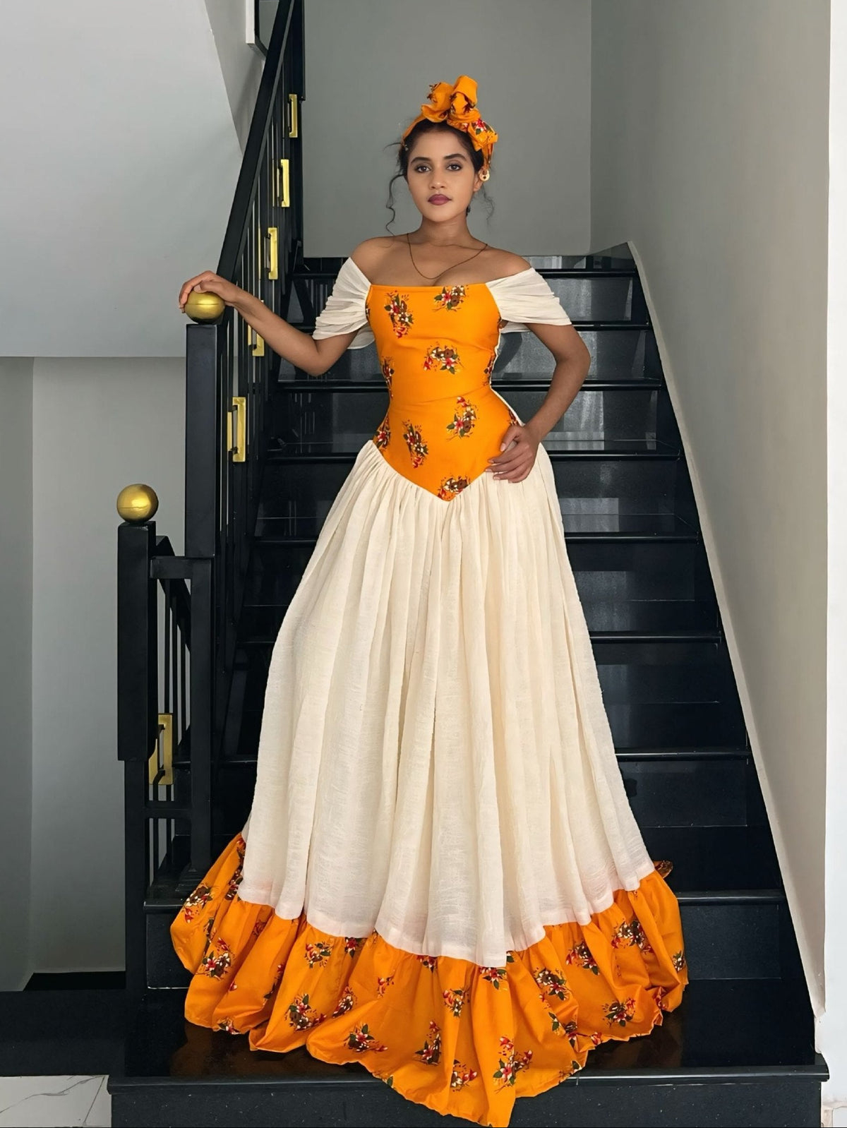 Bright Orange Floral Off-Shoulder Corset Gown Habesha Kemis And Ethiopian Dress For Holidays 1257