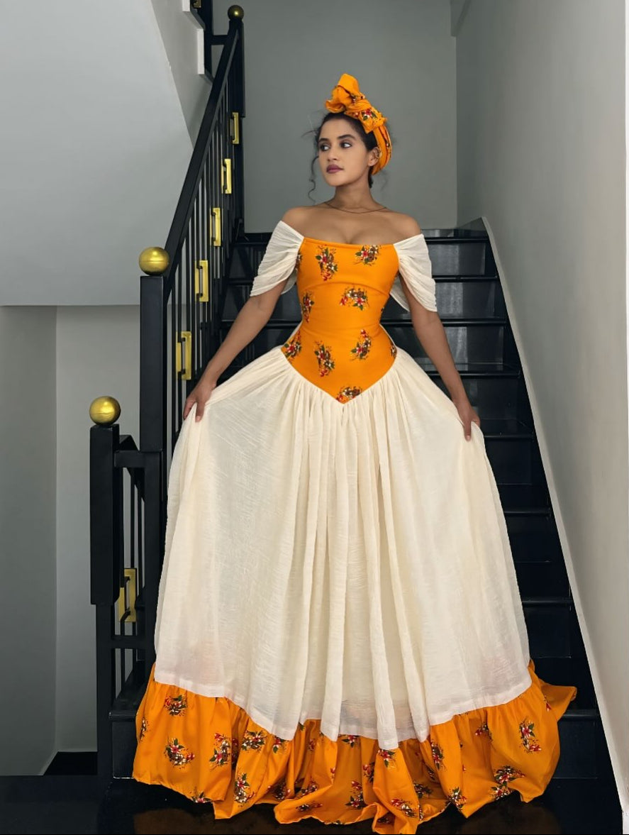 Bright Orange Floral Off-Shoulder Corset Gown Habesha Kemis And Ethiopian Dress For Holidays 1257