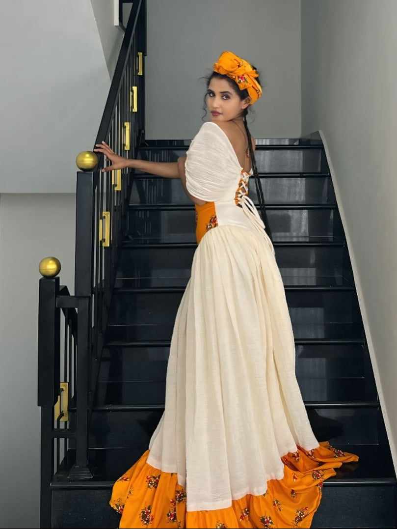 Bright Orange Floral Off-Shoulder Corset Gown Habesha Kemis And Ethiopian Dress For Holidays 1257