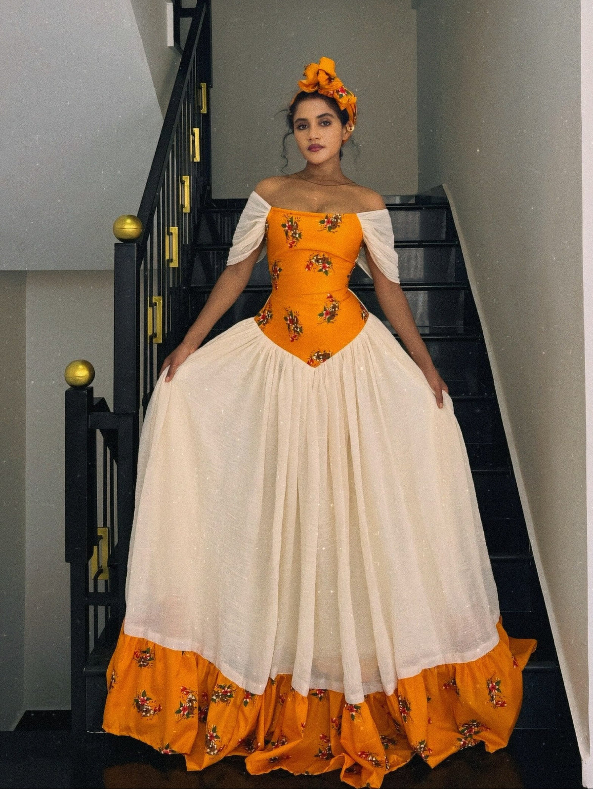 Bright Orange Floral Off-Shoulder Corset Gown Habesha Kemis And Ethiopian Dress For Holidays 1257