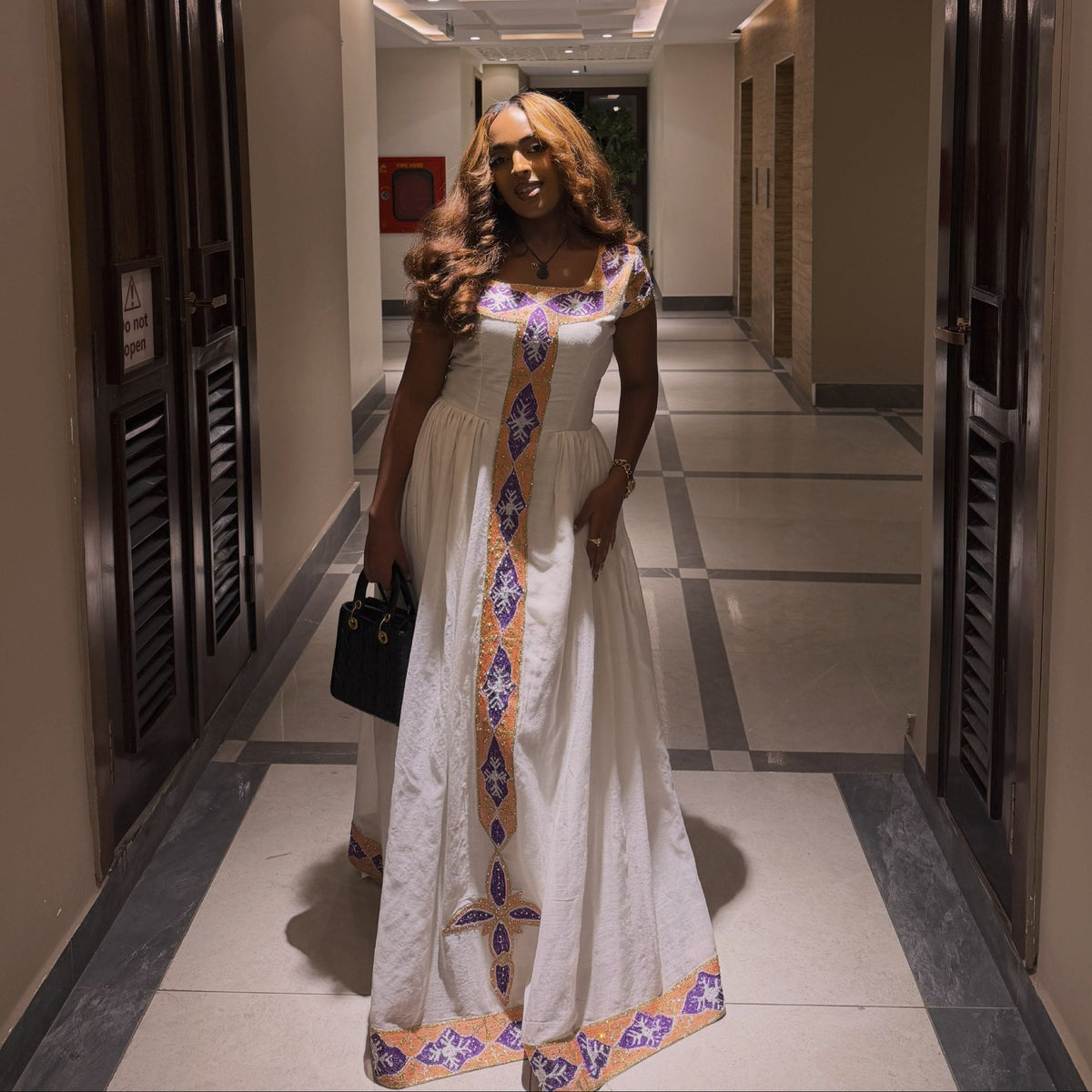 Ethiopian Clothing With Royal Purple & Gold Diamond Habesha Dress Cross Motifs Habesha Kemis 1258