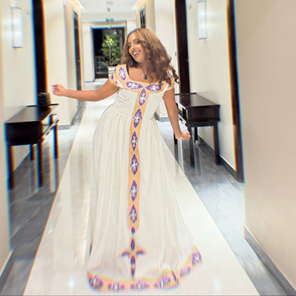 Ethiopian Clothing With Royal Purple & Gold Diamond Habesha Dress Cross Motifs Habesha Kemis 1258