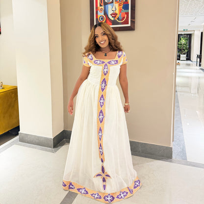 Royal Purple & Gold Diamond Motif Gown Handcrafted habesha cloth