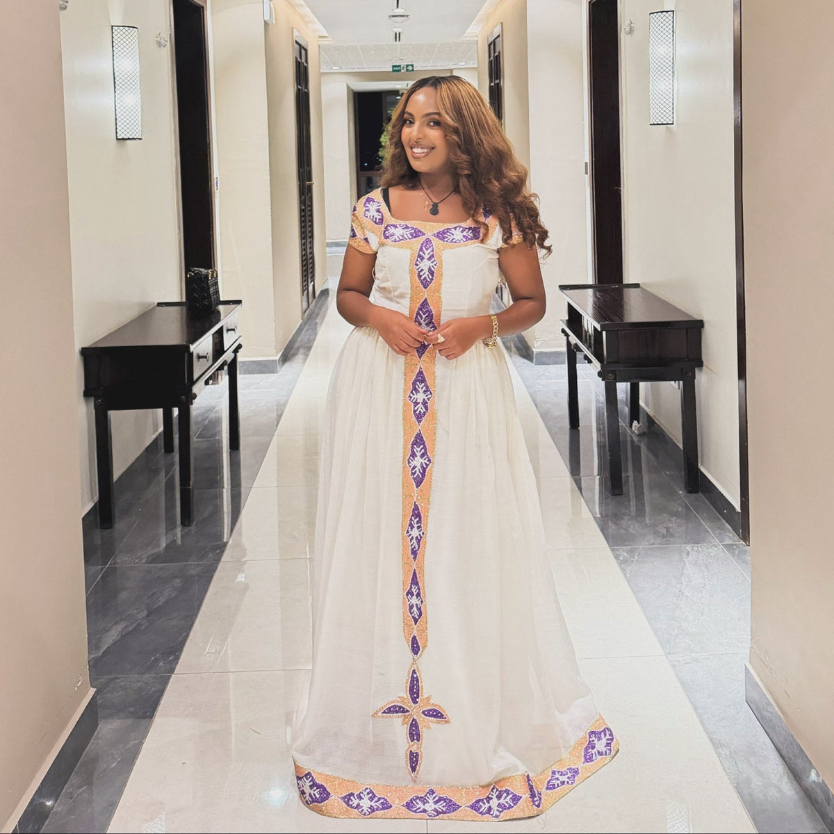 Ethiopian Clothing With Royal Purple & Gold Diamond Habesha Dress Cross Motifs Habesha Kemis 1258