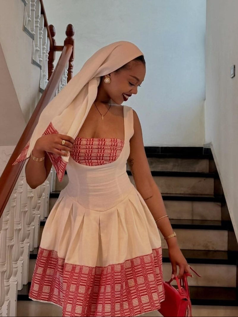 Red Geometric Corset Mini Habesha Dress & Netela Stylish Ethiopian Clothing Modern Dress 1259