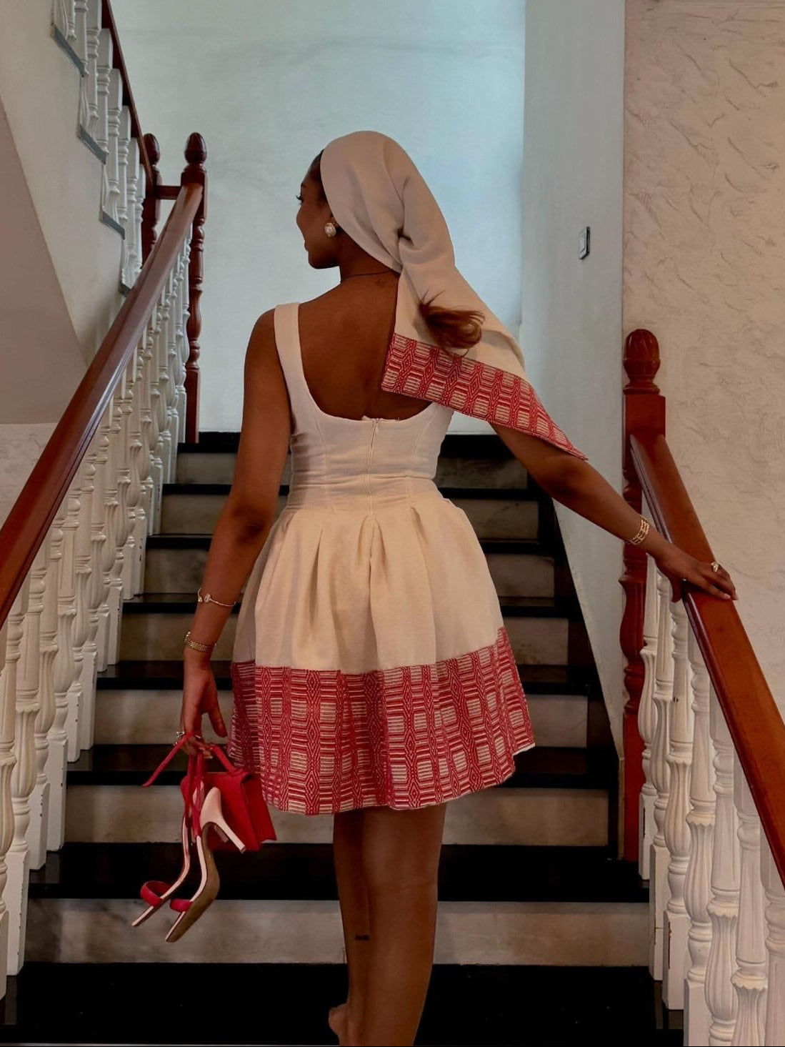 Red Geometric Corset Mini Habesha Dress & Netela Stylish Ethiopian Clothing Modern Dress 1259