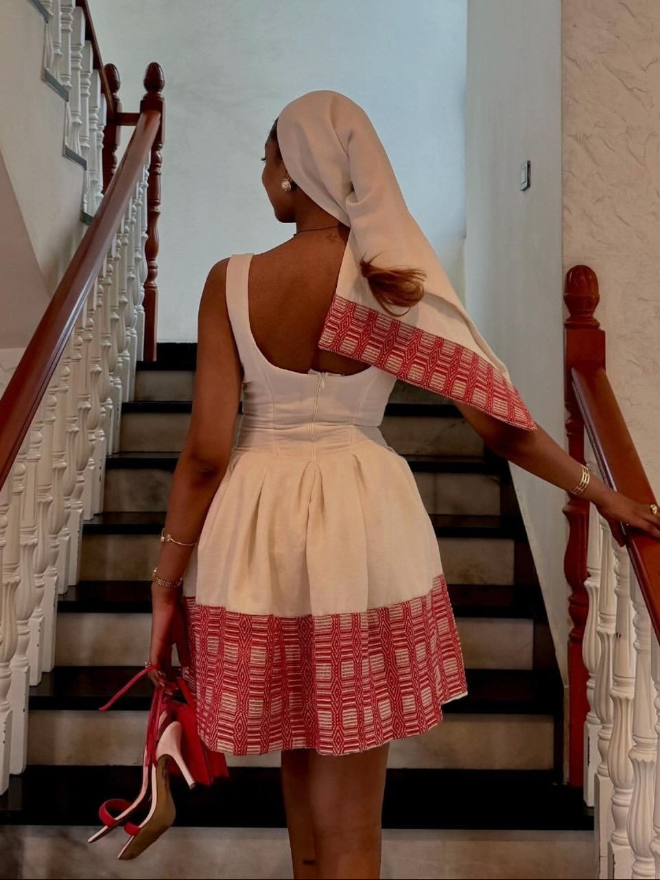 Red Geometric Corset Mini Habesha Dress & Netela Stylish Ethiopian Clothing Modern Dress 1259