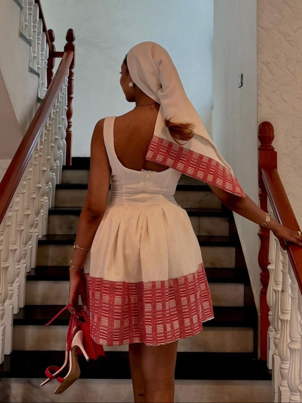 Red Geometric Corset Mini Habesha Dress & Netela Stylish Ethiopian Clothing Modern Dress 1259