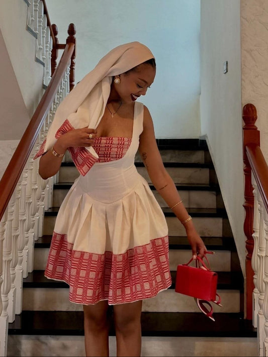Red Geometric Corset Mini Dress & Netela Fine habesha cloth