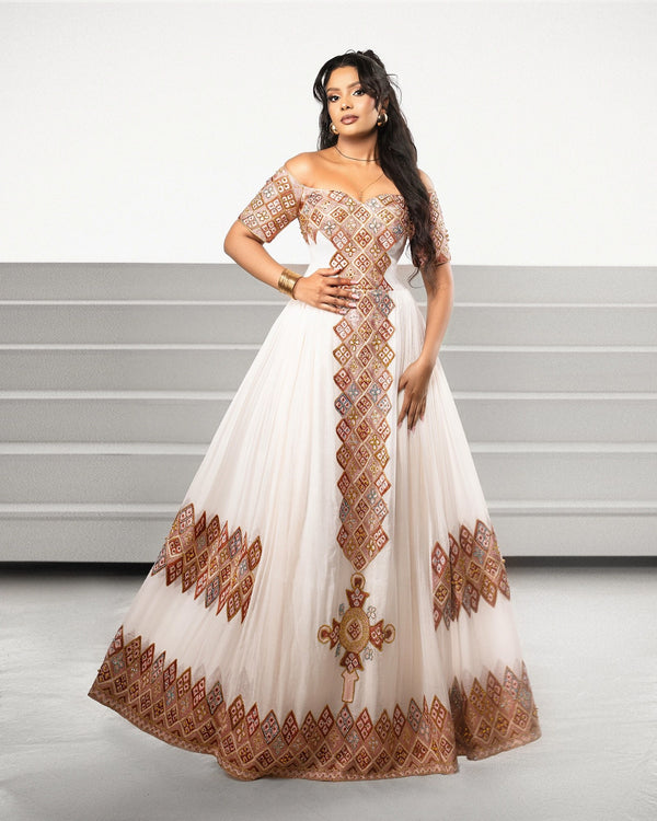 Mocha Bronze Diagonal Mosaic Gown Authentic habesha cloth