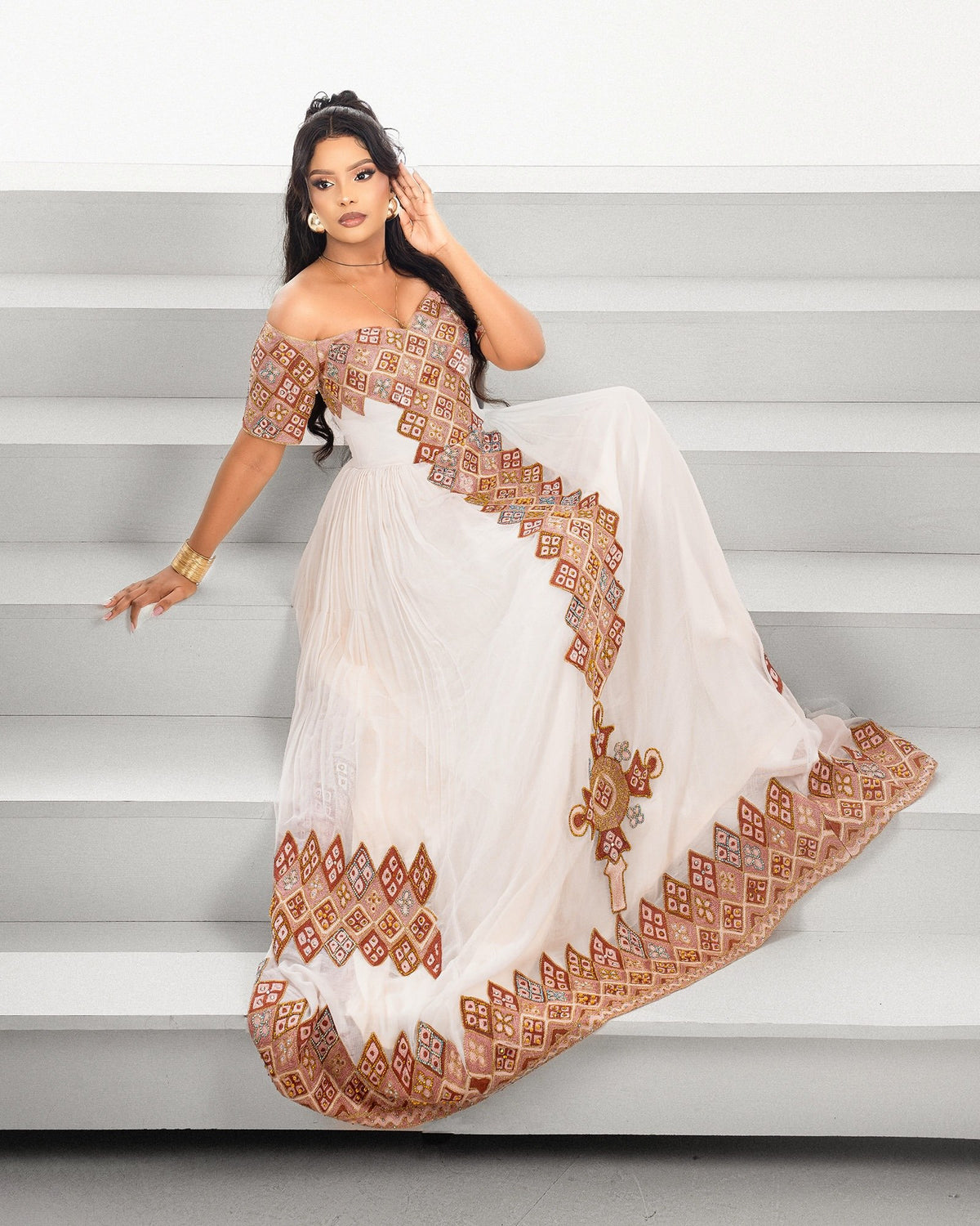 Mocha Bronze Off-Shoulder Diagonal Mosaic Eritrean Dress Short Sleeve Habesha Kemis For Occasion 1260