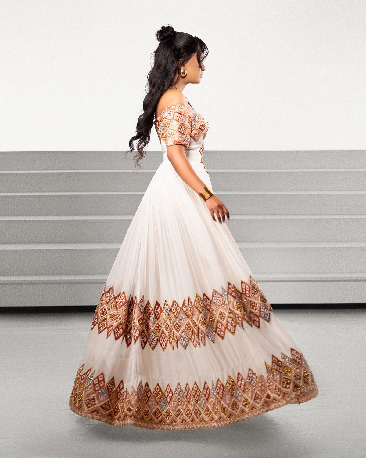 Mocha Bronze Off-Shoulder Diagonal Mosaic Eritrean Dress Short Sleeve Habesha Kemis For Occasion 1260