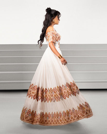 Mocha Bronze Off-Shoulder Diagonal Mosaic Eritrean Dress Short Sleeve Habesha Kemis For Occasion 1260