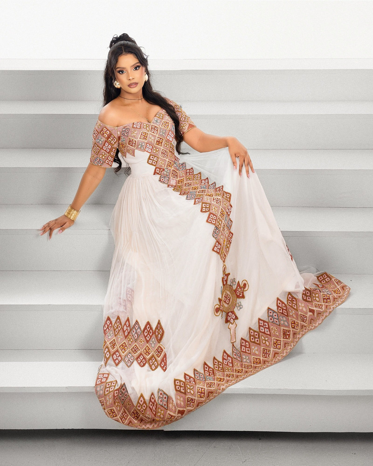 Mocha Bronze Off-Shoulder Diagonal Mosaic Eritrean Dress Short Sleeve Habesha Kemis For Occasion 1260