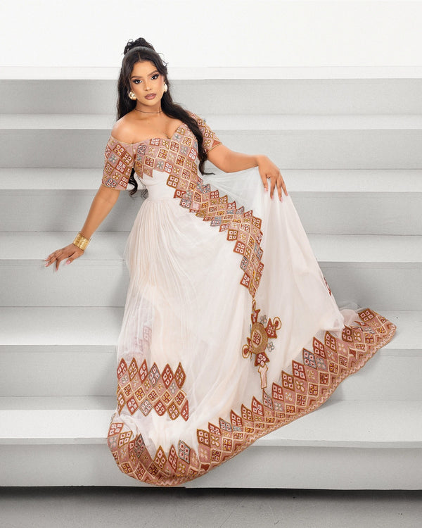 Mocha Bronze Off-Shoulder Diagonal Mosaic Eritrean Dress Short Sleeve Habesha Kemis For Occasion 1260