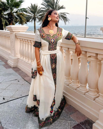 Multicolored Geometric Cross Tapestry Ethiopian Dress Short-Sleeve Habesha Kemis 1261