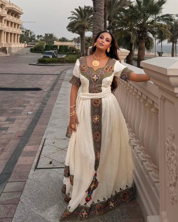Multicolored Geometric Cross Tapestry Ethiopian Dress Short-Sleeve Habesha Kemis 1261