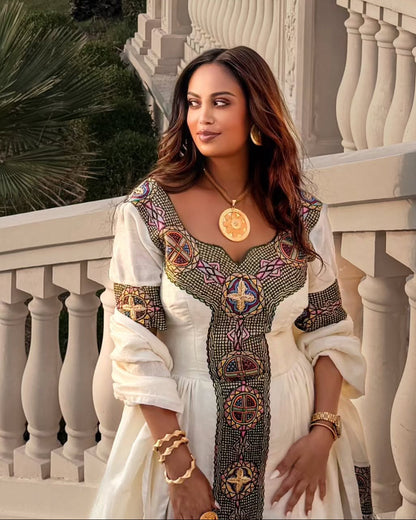Multicolored Geometric Cross Tapestry Ethiopian Dress Short-Sleeve Habesha Kemis 1261