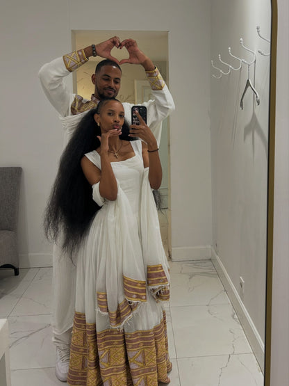 Imperial Gold & Lavender Diamond Lattice Matching Couple's Set Ethiopian Couples Traditional Wear 1262