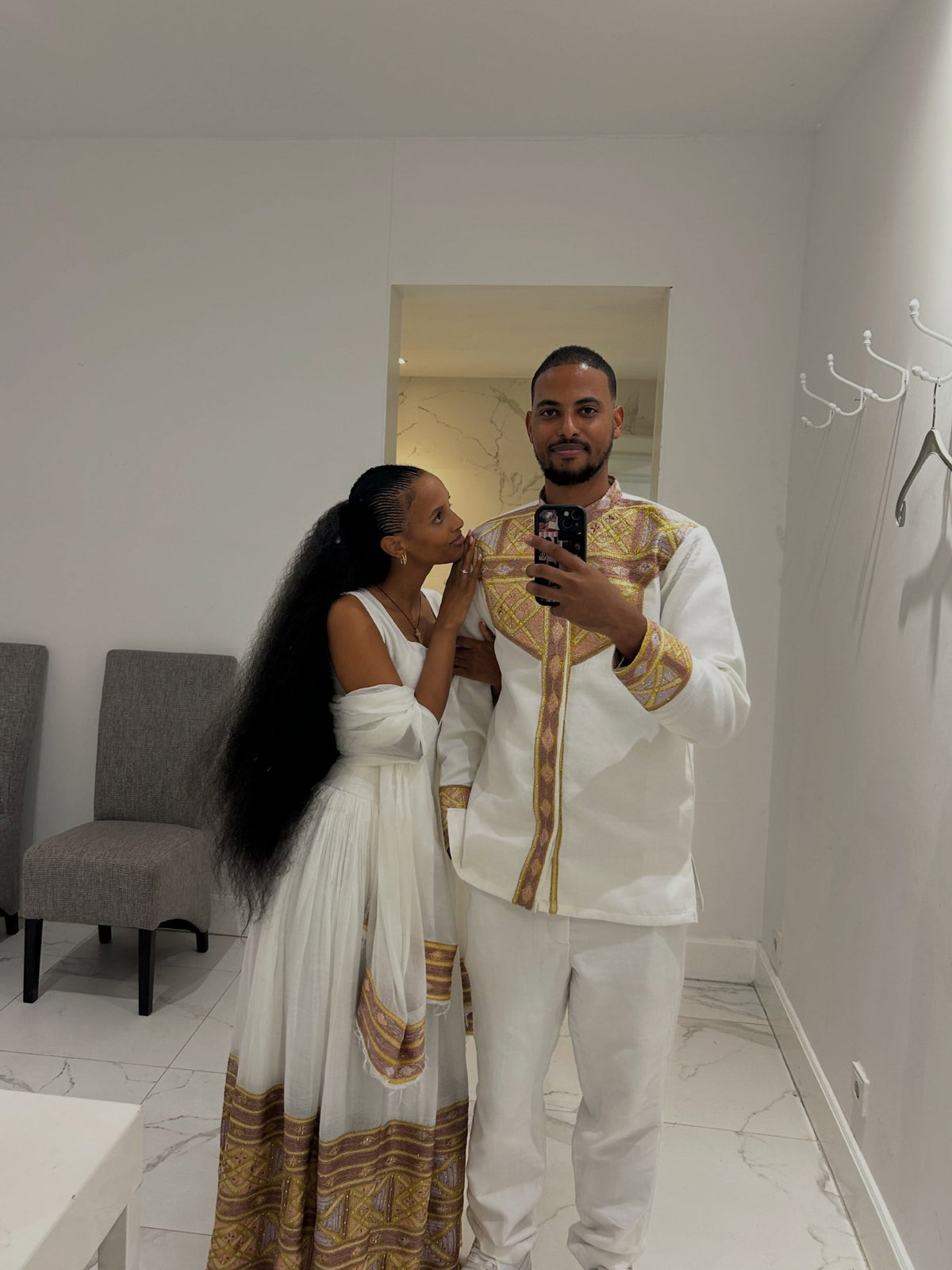 Imperial Gold & Lavender Diamond Lattice Matching Couple's Set Ethiopian Couples Traditional Wear 1262