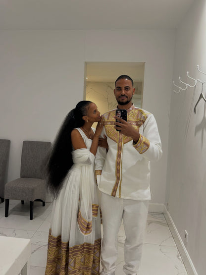 Imperial Gold & Lavender Diamond Lattice Matching Couple's Set Ethiopian Couples Traditional Wear 1262