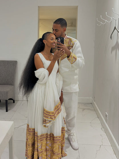Imperial Gold & Lavender Diamond Lattice Matching Couple's Set Ethiopian Couples Traditional Wear 1262