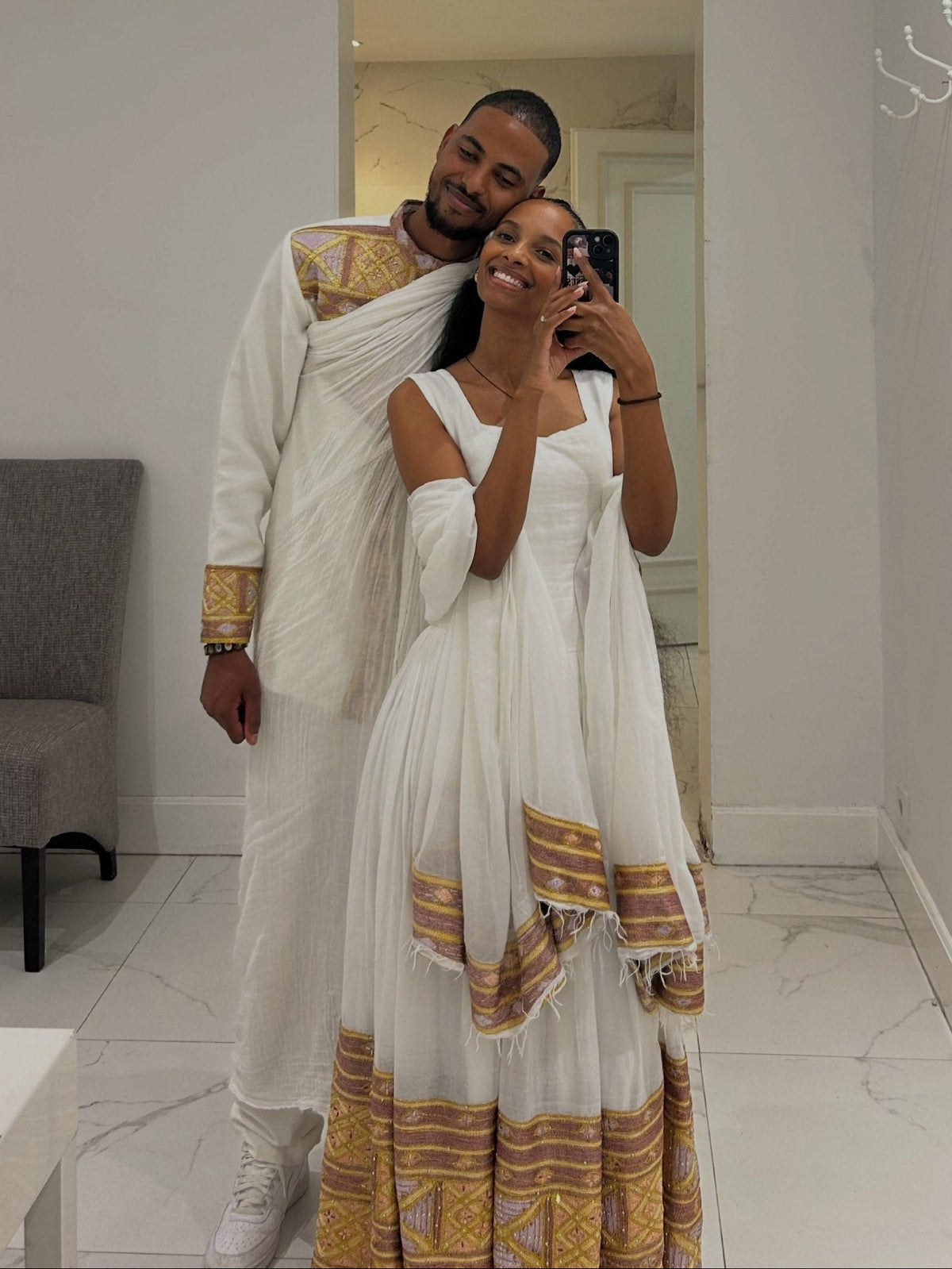 Imperial Gold & Lavender Diamond Lattice Matching Couple's Set Ethiopian Couples Traditional Wear 1262