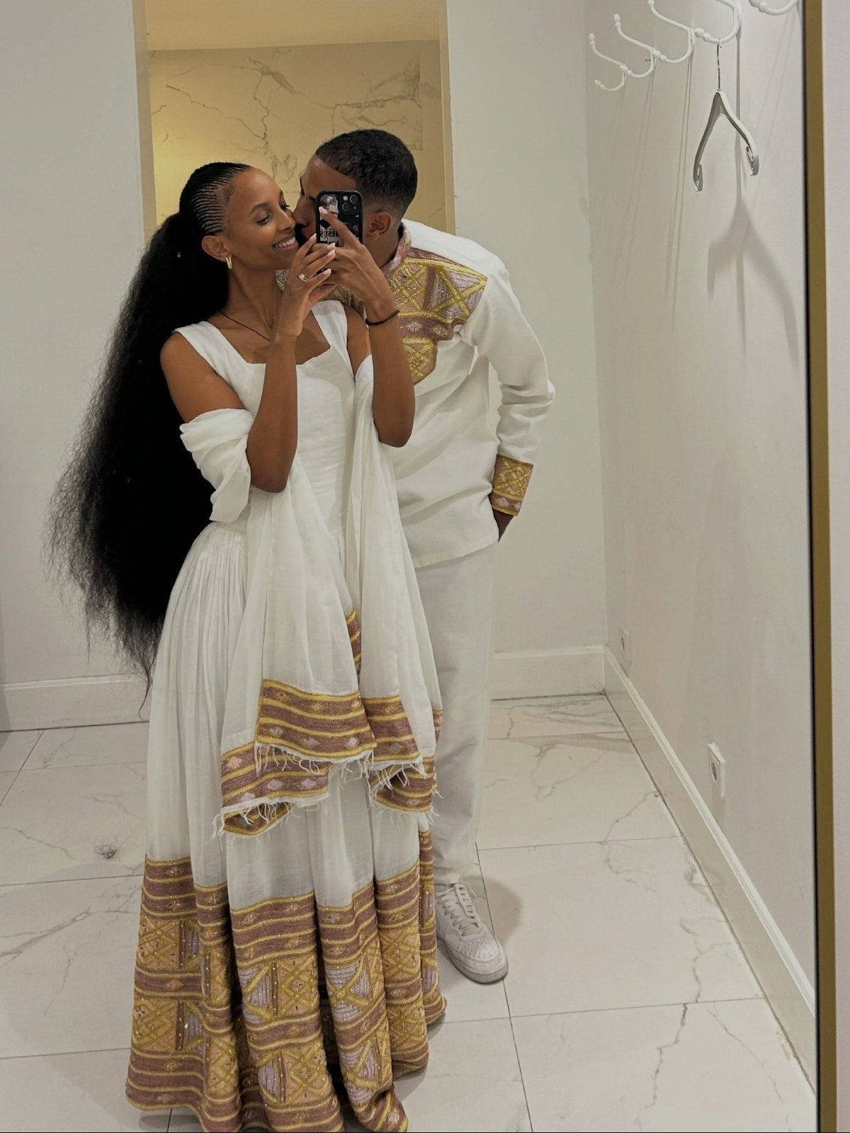 Imperial Gold & Lavender Diamond Lattice Matching Couple's Set Ethiopian Couples Traditional Wear 1262