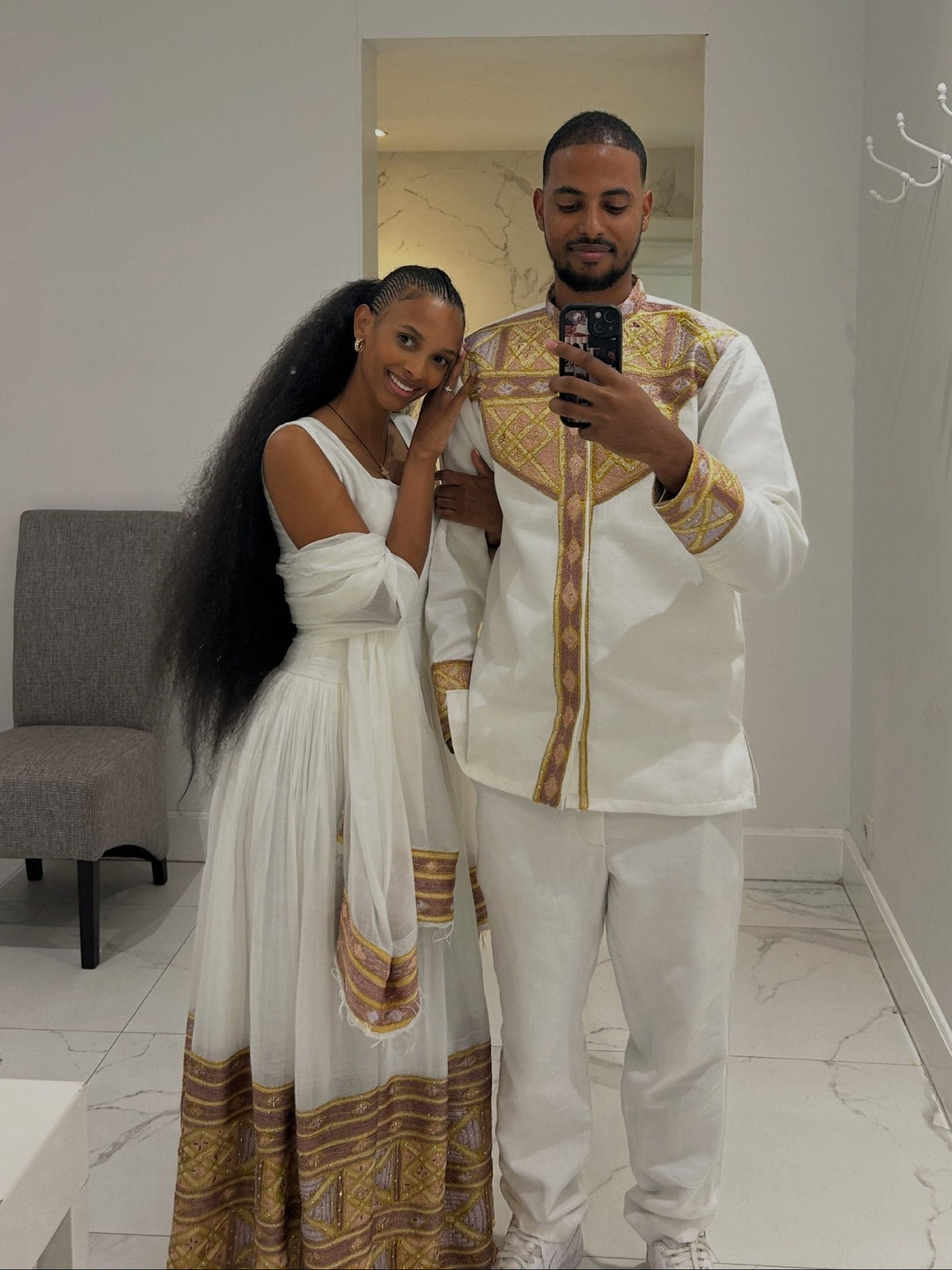 Imperial Gold & Lavender Diamond Lattice Matching Couple's Set Ethiopian Couples Traditional Wear 1262