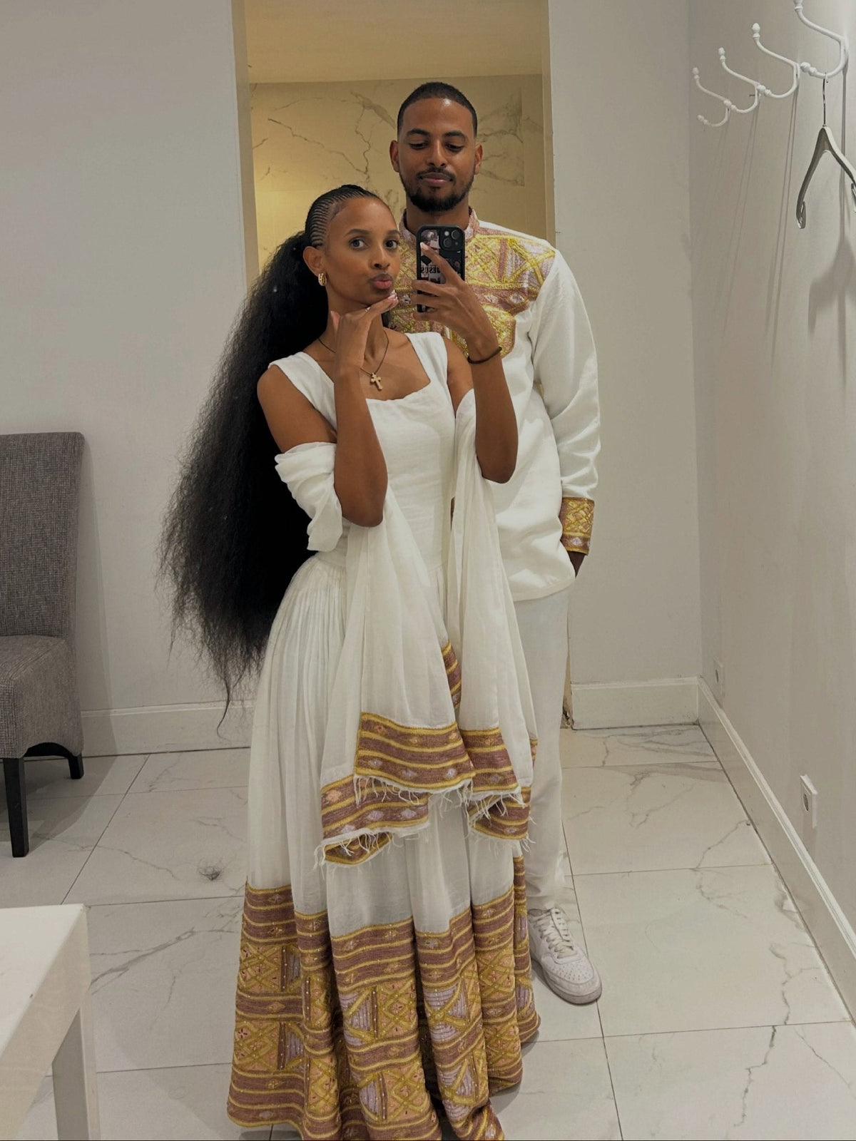 Lavender & Gold Lattice Couple Attire Pure habesha cloth