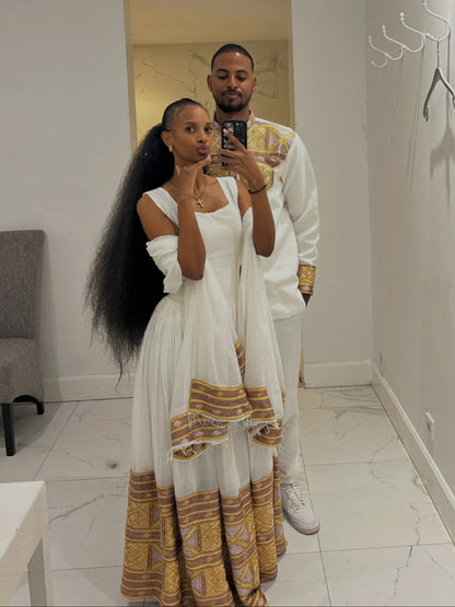 Lavender & Gold Lattice Couple Attire Pure habesha cloth