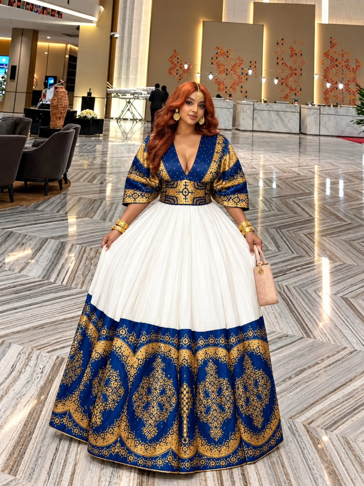 Shop AI-Generated Habesha Kemis Online | Royal Blue & Gold Ethiopian Traditional Dress