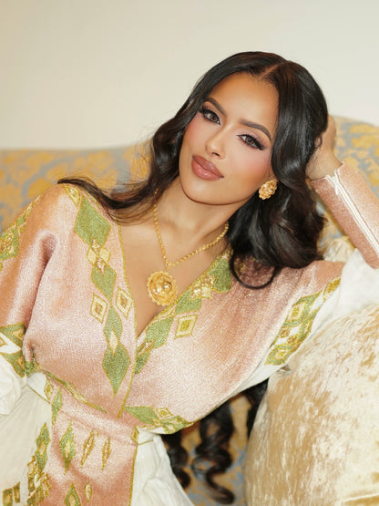 Soft Blush & Olive Green Wrap-Style Habesha Kemis Long Sleeve Habesha Dress Habesha Cloth 1265