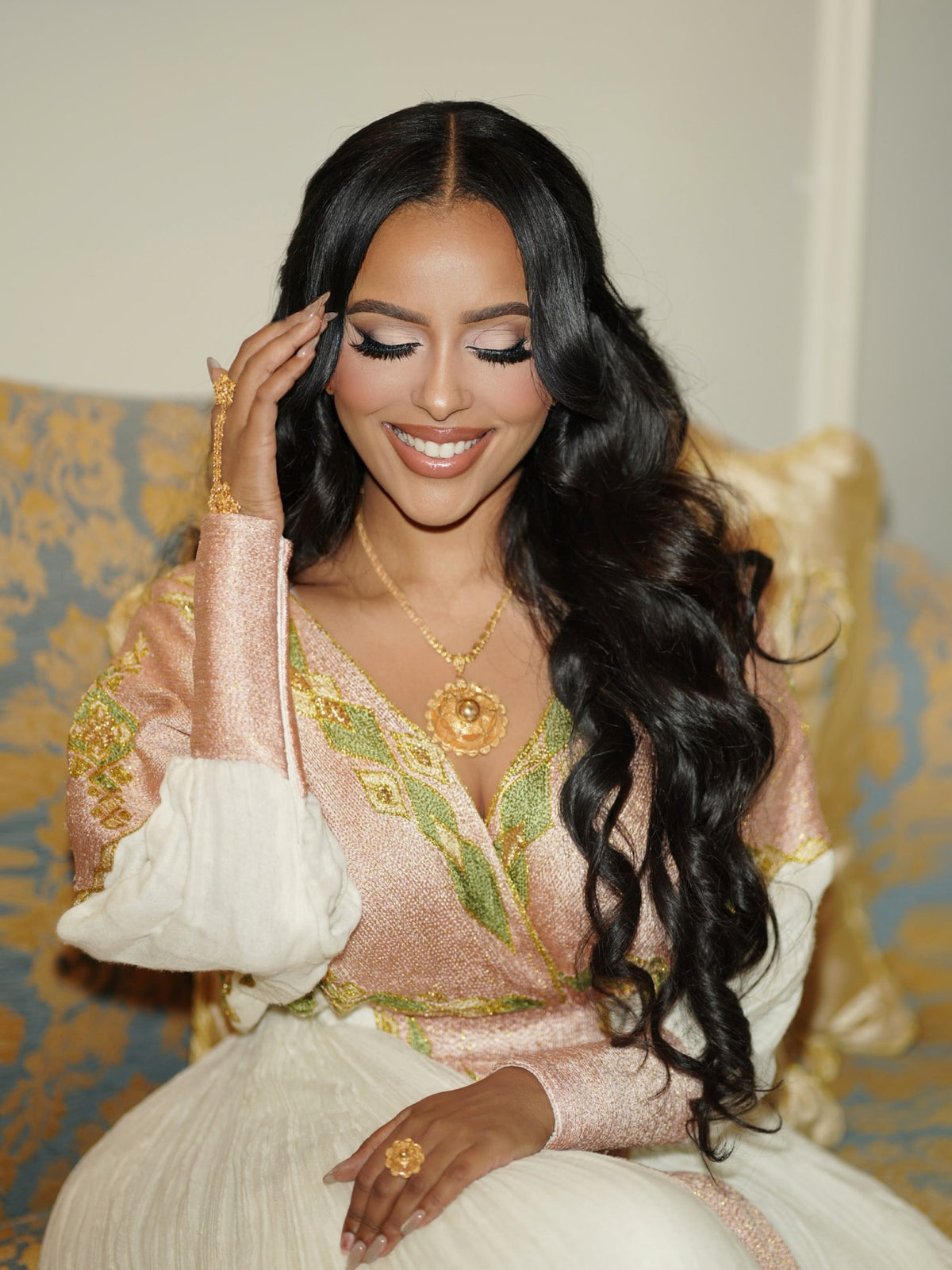 Soft Blush & Olive Green Wrap-Style Habesha Kemis Long Sleeve Habesha Dress Habesha Cloth 1265