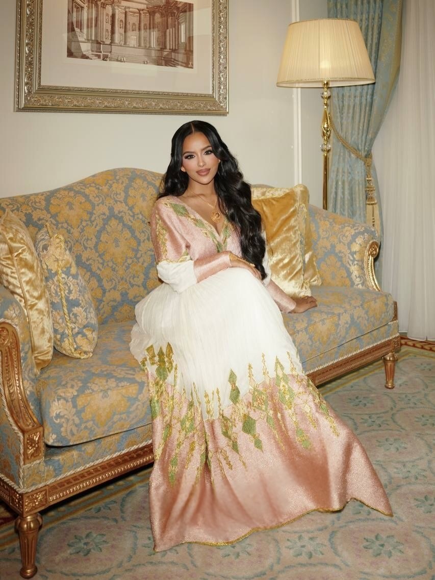 Soft Blush & Olive Green Wrap-Style Habesha Kemis Long Sleeve Habesha Dress Habesha Cloth 1265