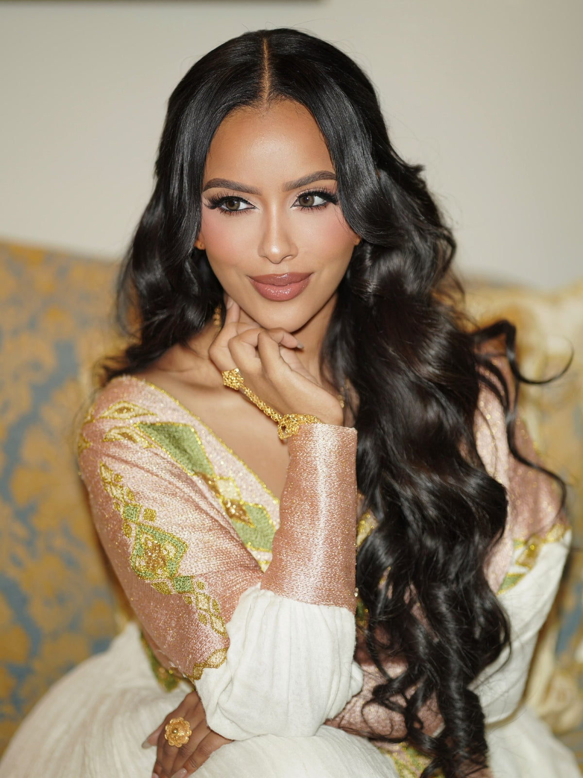 Soft Blush & Olive Green Wrap-Style Habesha Kemis Long Sleeve Habesha Dress Habesha Cloth 1265