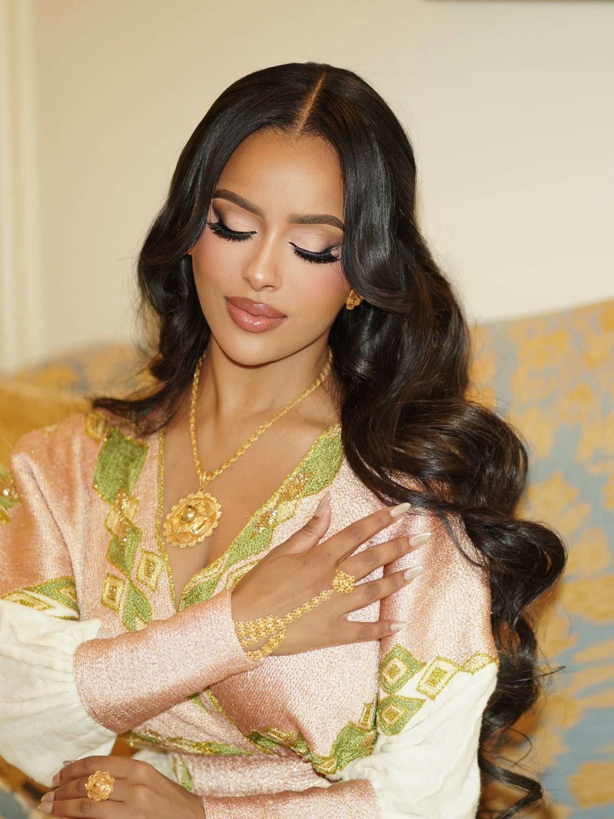 Soft Blush & Olive Green Wrap-Style Habesha Kemis Long Sleeve Habesha Dress Habesha Cloth 1265