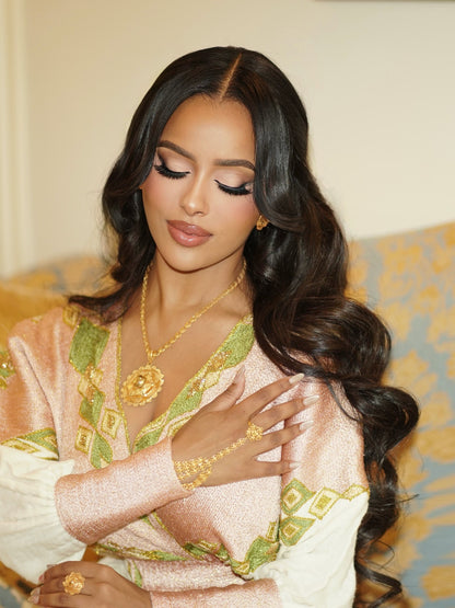 Soft Blush & Olive Green Wrap-Style Habesha Kemis Long Sleeve Habesha Dress Habesha Cloth 1265