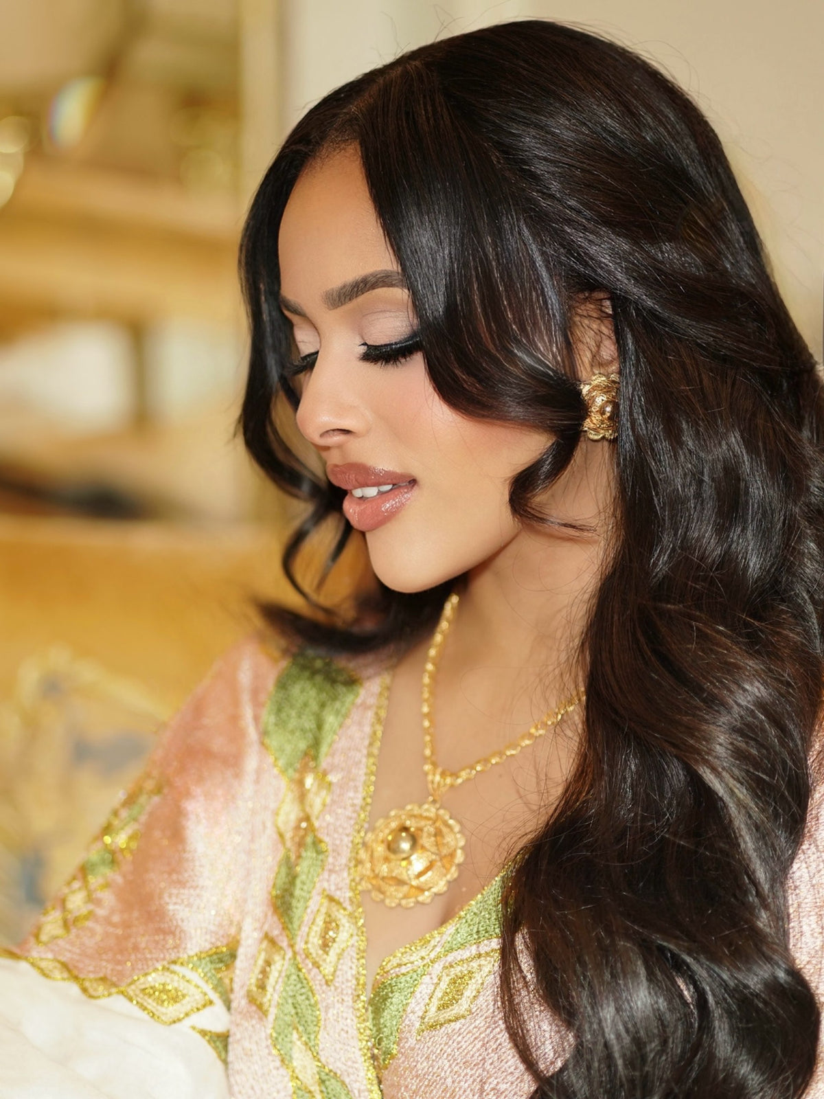 Soft Blush & Olive Green Wrap-Style Habesha Kemis Long Sleeve Habesha Dress Habesha Cloth 1265
