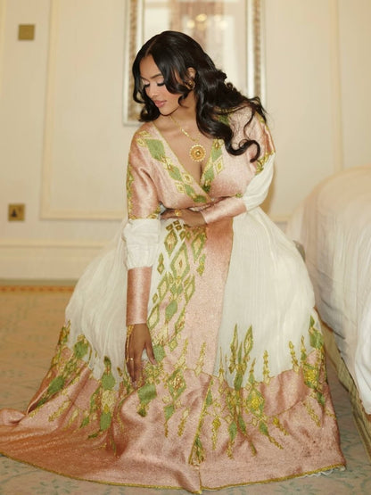Soft Blush & Olive Green Wrap-Style Habesha Kemis Long Sleeve Habesha Dress Habesha Cloth 1265