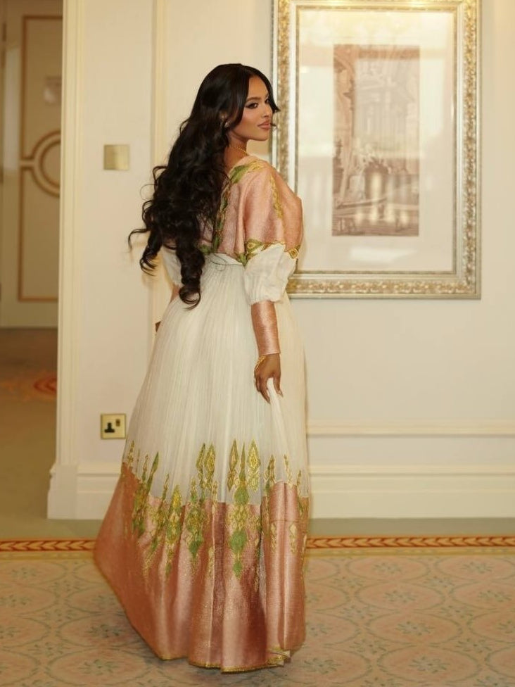Soft Blush & Olive Green Wrap-Style Habesha Kemis Long Sleeve Habesha Dress Habesha Cloth 1265